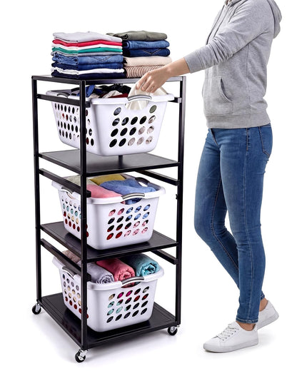 Laundry Basket Holder Shelf, 3-Tier Metal Laundry Basket Organizer with Wheels, Rolling Laundry Storage Rack for Bathroom, Bedroom & Laundry Room
