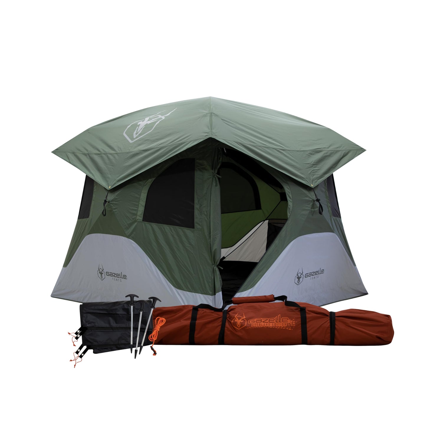 Gazelle Tents™ T4 Hub Tent with Overland Kit, Easy 90 Second Set-Up, Waterproof, UV Resistant, Removable Floor, All-Terrain Stakes, Duffle Bag, 4 Person, Alpine Green/Slate, 94" x 94" x 78", GK917
