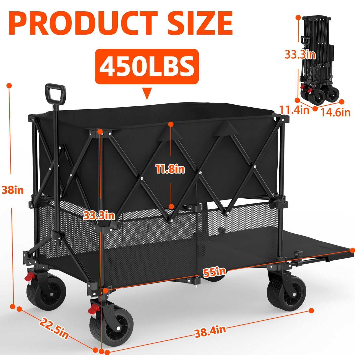 400L Large Double Decker Wagon Collapsible, 450lbs Beach Wagons Carts Foldable Heavy Duty, 55" Extended Utility Folding Cart for Camping, Garden, Sports, Grocery, Shopping