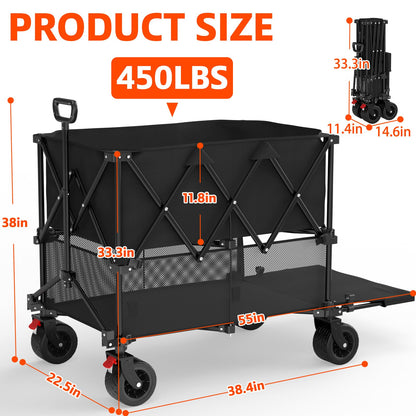 400L Large Double Decker Wagon Collapsible, 450lbs Beach Wagons Carts Foldable Heavy Duty, 55" Extended Utility Folding Cart for Camping, Garden, Sports, Grocery, Shopping