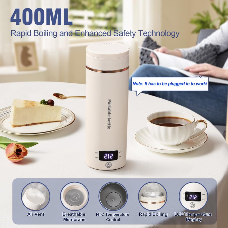 Travel Electric Kettle Portable Mini Kettle,Small Hot Water Boiler with 4 Temperature Settings,304 Stainless Steel,Fast Boiling Water with Auto Shut-Off and Boil Dry Protection,400ml (Beige, 400ML)
