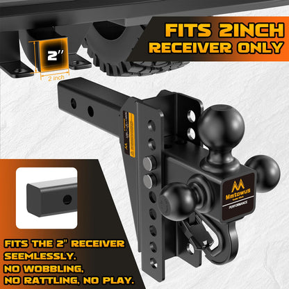 Mmtowus Adjustable Trailer Hitch - Drop Hitch 2-Inch Receiver - Tri Ball Mount with Hook (1-7/8'', 2'' & 2-5/16''), 8'' Drop/Rise Tow Hitch, 12,500 LBS GTW, 3 Ball Hitches for Trucks, RV, Camper etc