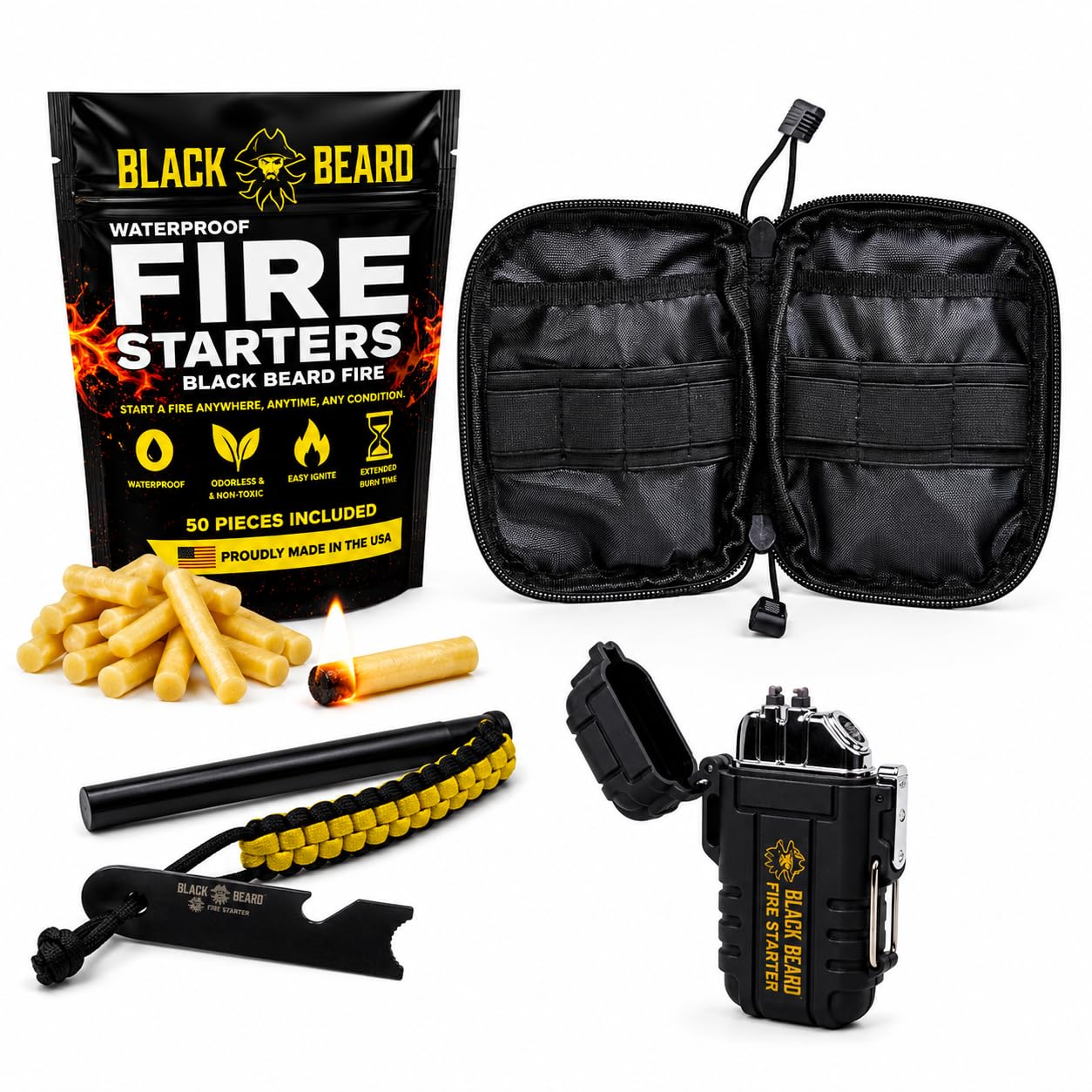 Black Beard Fire Plug Kit - 50 Waterproof Fire Plugs, Arc Lighter, Ferro Rod and Organizer Case for Camping, Backpacking and Emergency Survival