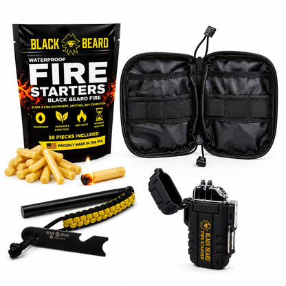 Black Beard Fire Plug Kit - 50 Waterproof Fire Plugs, Arc Lighter, Ferro Rod and Organizer Case for Camping, Backpacking and Emergency Survival