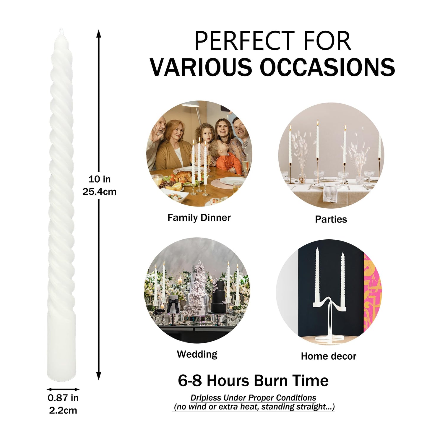 10 Inch White Spiral Taper Candle Set, 10 Pack Unscented Dripless Candlesticks for Christmas Dinner Parties Brithday Wedding and Home Decor