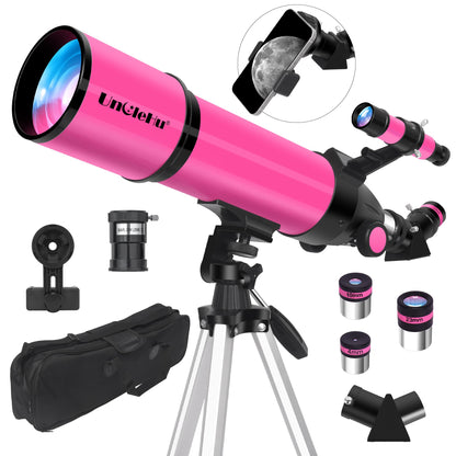 Telescope for Adults High Powered, 80mm Aperture 600mm Telescopes for Astronomy Adults&Kids&Beginners, Portable Travel Refractor Telescope with Tripod&Phone Adapter&Bag for Ground&Moon Viewing, Pink
