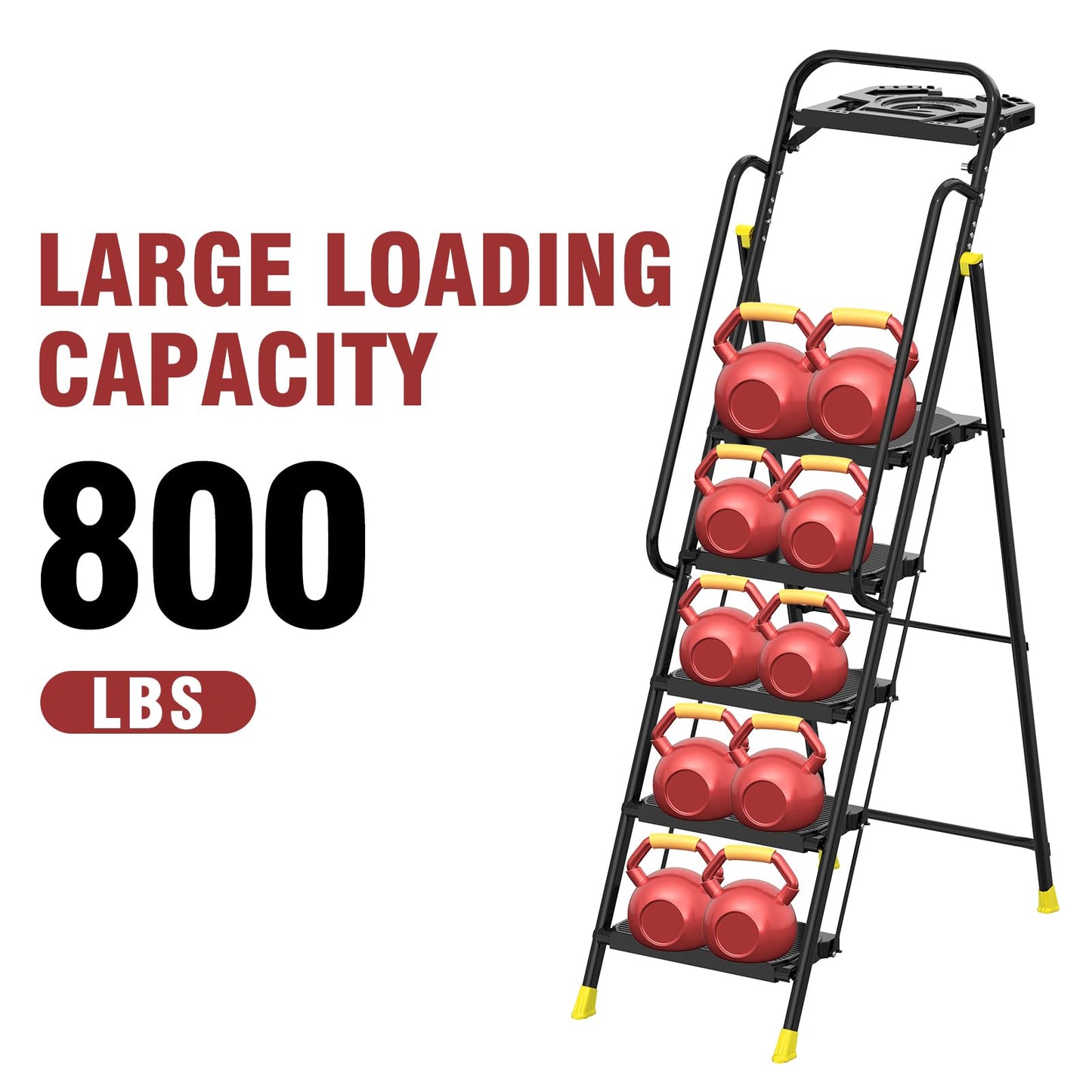 5 Step Foldable Step Ladder Stool with Roomy Tool Tray and Secure Handrail, Foldable Platform Ladder 5 Step Folding Stepstools with Wide Pedals and 800lbs Weight Capacity for Adults, Home, Kitchen