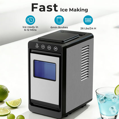 Antarctic Star Countertop Ice Maker Machine - 26.5lbs/24H, 8 Bullet Ice in 6 Mins, Self-Cleaning Portable Ice Maker with 2 Ice Sizes, Touch Display & Blue Light for Home, Office, Bar,Steel