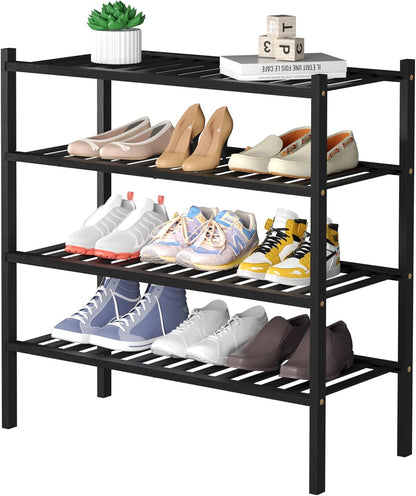 ROMGUAR CRAFT 4-Tier Bamboo Shoe Rack - Free Standing Wood Shelf for Small Spaces | 27"x11"x26" (Black)