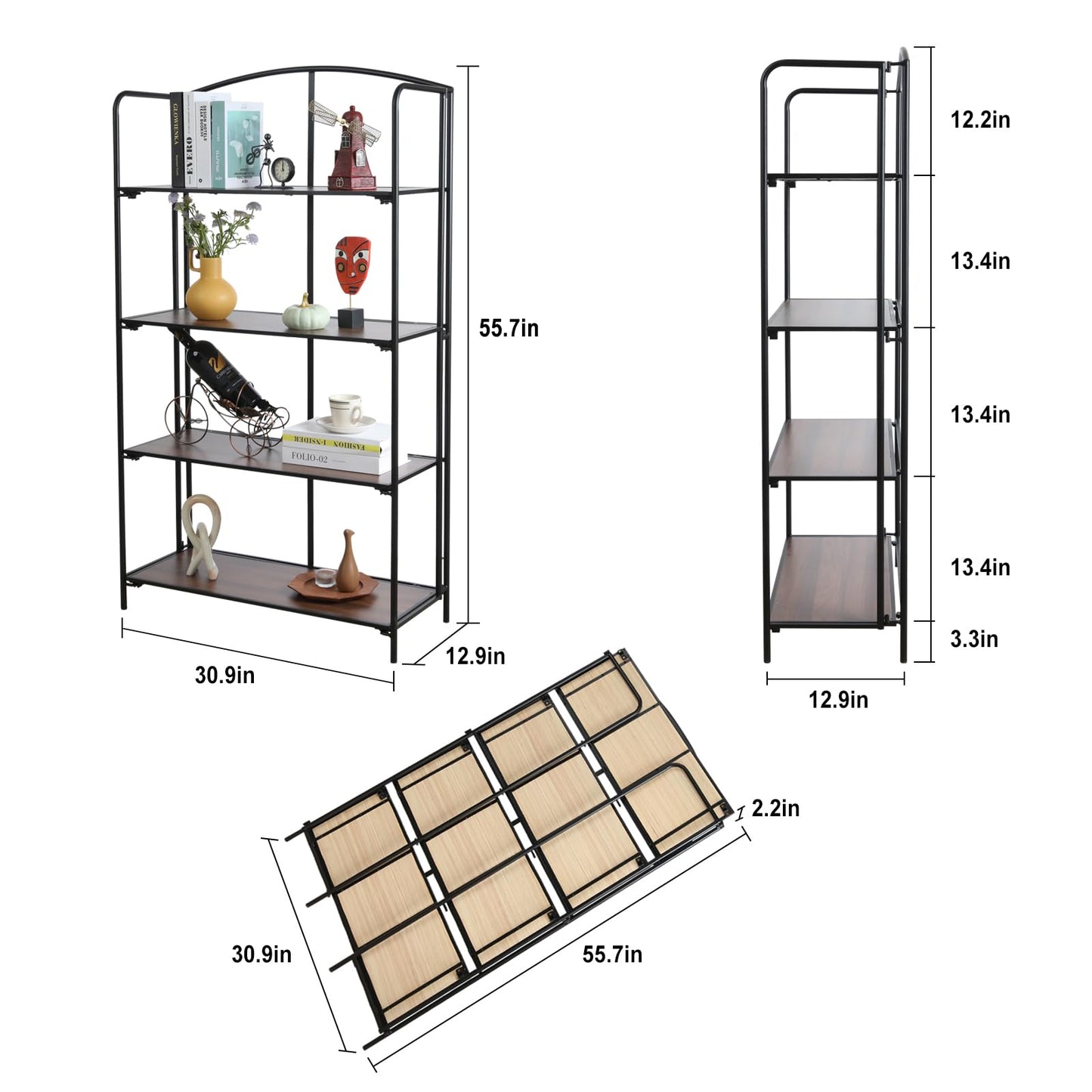 Crofy No Assembly Folding Bookshelf for Living Room, 4 Tier Black Collapsible Book Shelf for Home Office, Portable Bookcase Storage Organizer