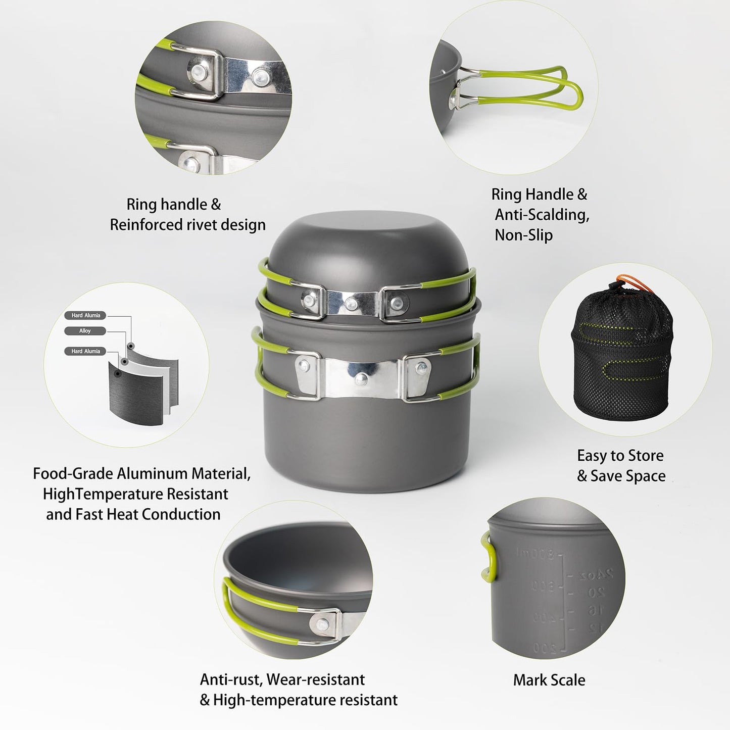 WAILAMHK Camping Cookware Mess Kit, 16 pcs Backpacking Cooking Set, Lightweight Camping Pots and Stove Set for 1-2 Person, Outdoor Cooking Gear Ideal for Camping, Hiking, Backpacking and Picnic