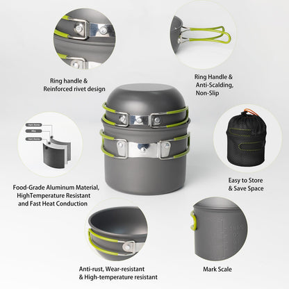 WAILAMHK Camping Cookware Mess Kit, 16 pcs Backpacking Cooking Set, Lightweight Camping Pots and Stove Set for 1-2 Person, Outdoor Cooking Gear Ideal for Camping, Hiking, Backpacking and Picnic