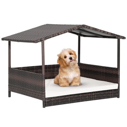 PETSITE Wicker Elevated Dog Bed with Weatherproof Roof, Raised Rattan Pet House Indoor/Outdoor with Removable Cushion Lounge for Small, Medium Dogs