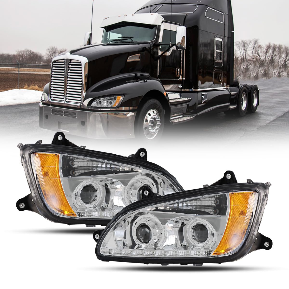 Sterlix Pair Headlights for Kenworth T660 T170 T270 T370 T440 T470 T700 2008-2016 LED Turn Signal Lights Front Headlight Assembly Replacement Driver and Passenger Side [Included All Bulbs]