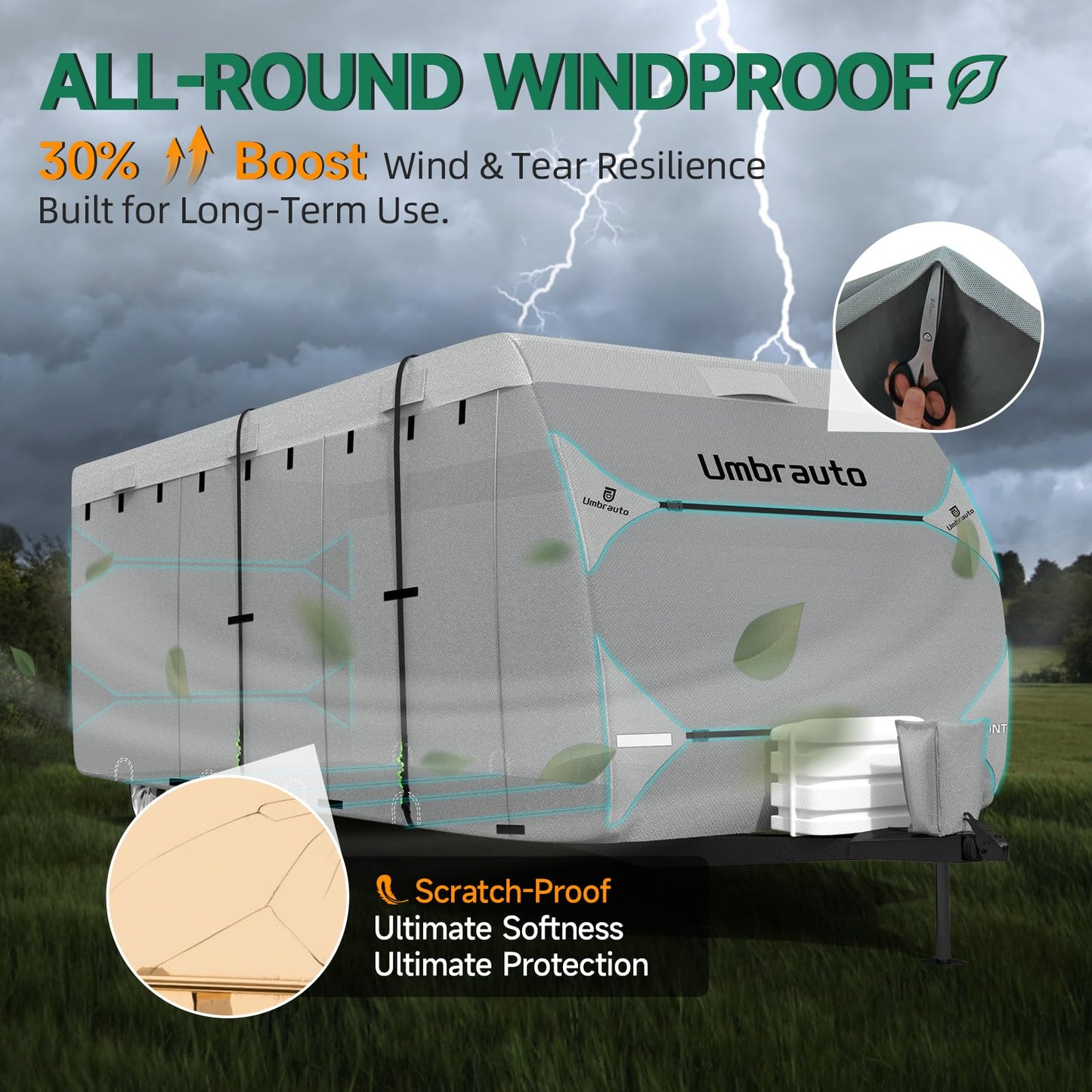 Umbrauto RV Cover for 30-33ft Travel Trailer: Lightweight, Waterproof Camper Cover for Toy Hauler, Winter Campsite, with Gutter Covers, Tongne Jack Covers, Windproof Straps