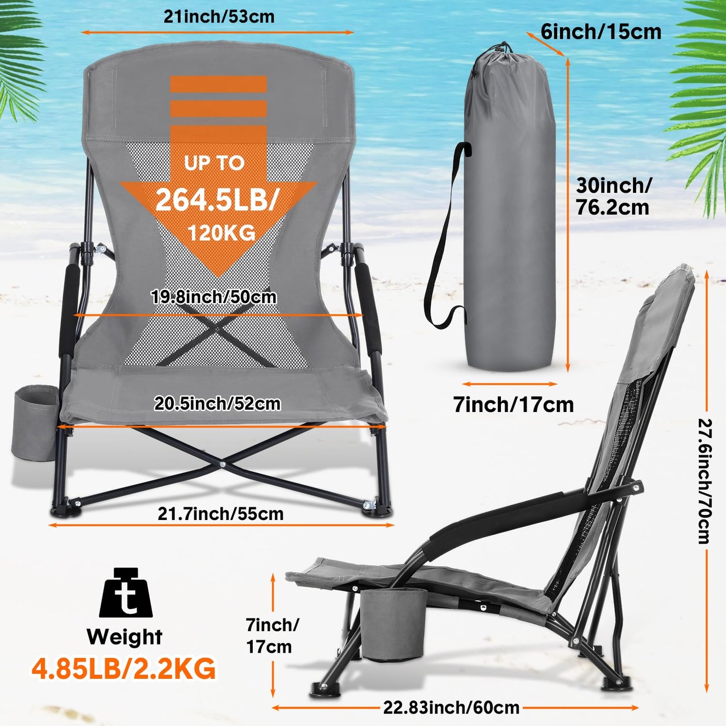 Menkxi 6 Pack Low Beach Chairs for Adults, Portable Folding Sand Chairs with Cup Holder and Carry Bag, Lightweight High Back Camping Chair for Beach Trips, Concerts, BBQ, Lawn, Outdoor (Dark Grey)
