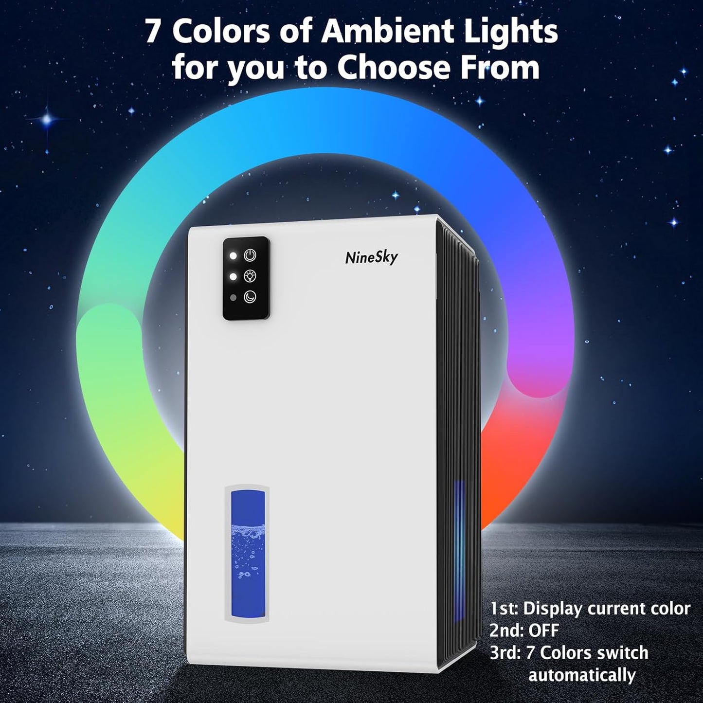 NineSky Dehumidifier - 1000 Sq.Ft. Home Dehumidifier with 95Oz Tank & 7-Color Ambient Light | Quiet & Safe