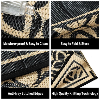 PureCozy Outdoor Plastic Straw Rug Black Beige Large Outside Waterproof Outdoor Patio 10x14 Carpet Geometric Reversible Mat Modern for Camping RV Porch Deck Balcony Beach
