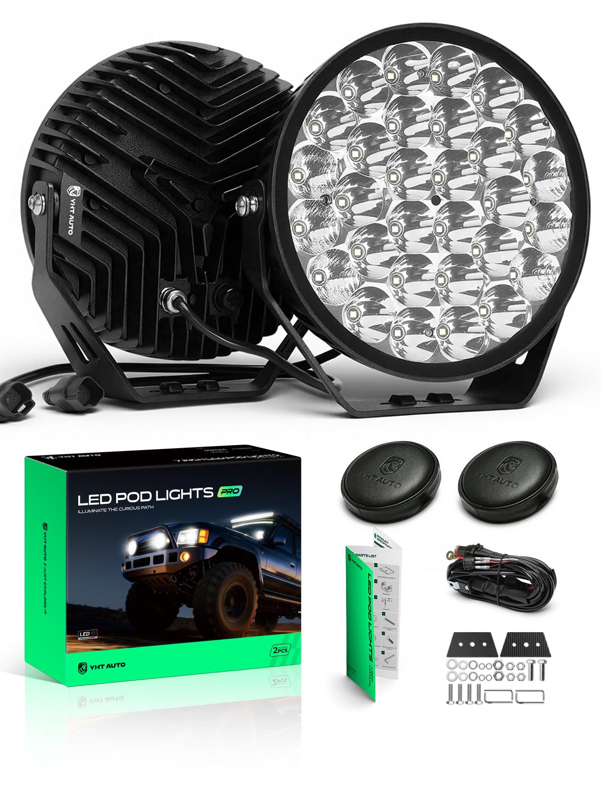 YHTAUTO 9 Inch LED Driving Light & Light Cover 150W 18000LM 5700K Combo Beam Off Road Camper Pod Fog Light for 4x4 Pickup Truck ATV UTV Dirt Bike Motorcycle Boat Trailer IP67 Waterproof Lamp