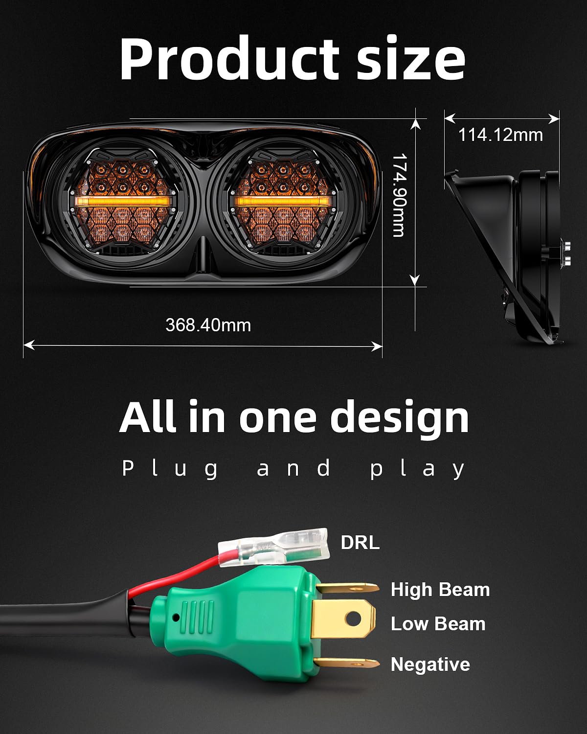 LX-LIGHT DOT Approved 270° LED Dual Headlight with High Low Beam Amber DRL Compatible with Road Glide 2003-2014, Black