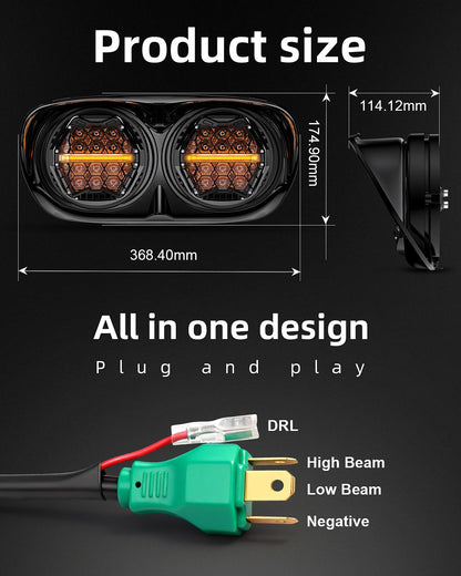 LX-LIGHT DOT Approved 270° LED Dual Headlight with High Low Beam Amber DRL Compatible with Road Glide 2003-2014, Black