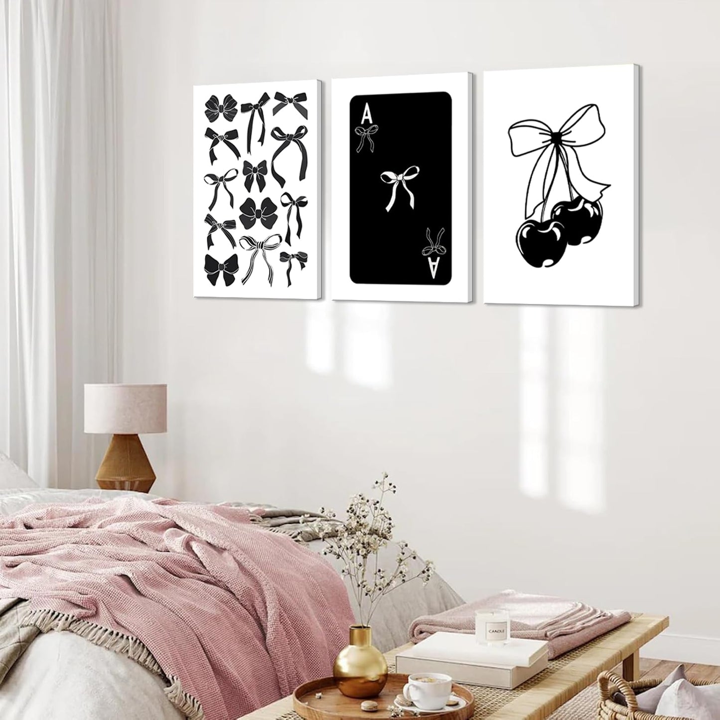 Kyiyhzp 3Pcs Fashion Black White Bow Canvas Wall Art Funky Aesthetic Cherry Poker Picture Painting Trendy Preppy Aesthetic Wall Decor Artwork for Girl Room Dorm Apartment Bedroom Decorations 16x24in