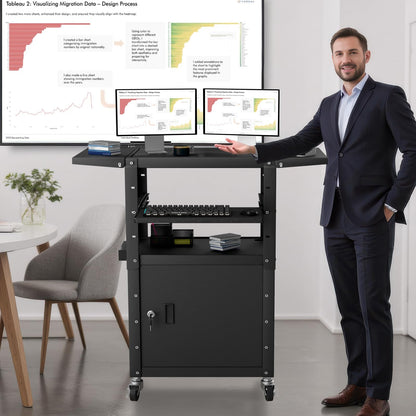 Mobile AV Cart with Pullout Keyboard Tray, Rolling Computer Cart Height Adjustable Rolling Media Utility Cart with Extra Storage Space, 4 Outlets, Perfect for Home or Office Use