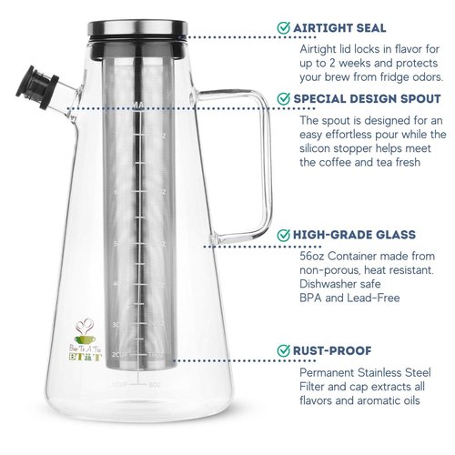 BTaT- Airtight Cold Brew Iced Coffee Maker Pitcher, 2 Liter/ 64 oz, Iced Tea Maker with Spout, Brewing Glass Carafe with Removable Stainless Steel Filter