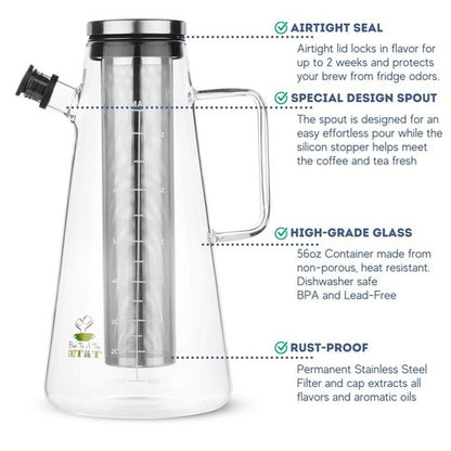 BTaT- Airtight Cold Brew Iced Coffee Maker Pitcher, 2 Liter/ 64 oz, Iced Tea Maker with Spout, Brewing Glass Carafe with Removable Stainless Steel Filter