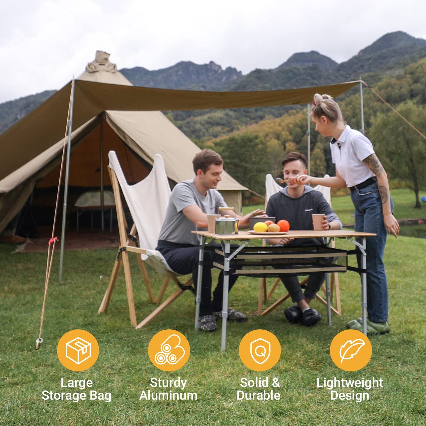 KingCamp Bamboo Folding Table Camping Table with Large Storage Bag Adjustable Height Aluminum Legs Heavy Duty 176 lbs 4-Fold Portable Camp Tables for Travel, Picnic, RV, 4-5 People