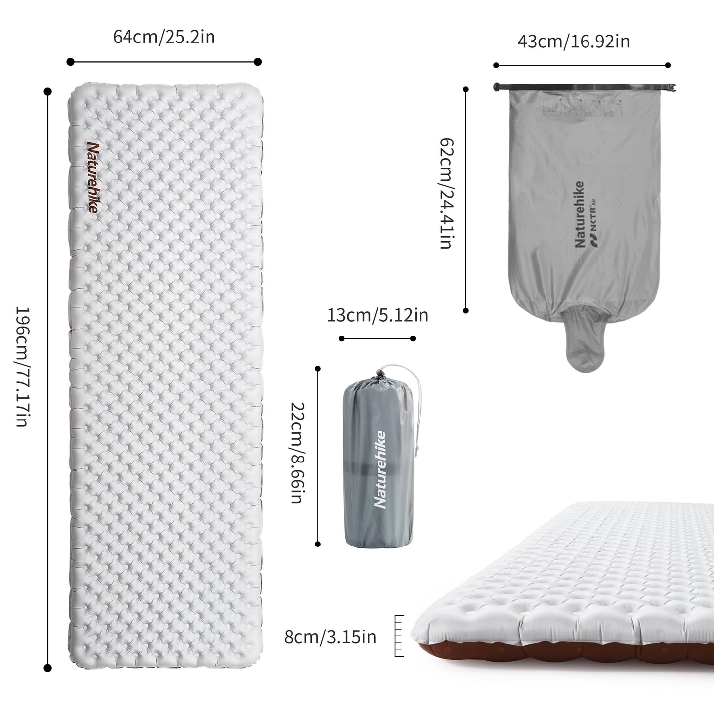 Naturehike Ultralight Insulated Sleeping Pad with R5.8, 3.2in Thickened Patchworkable Inflatable Double Sleeping Mat for Camping, Hiking, Climbing with Inflatable Bag (Silver-Rectangular-Large)