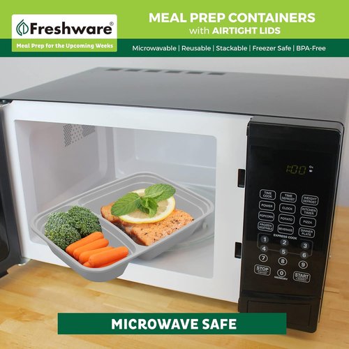 Freshware Meal Prep Containers - 25 Pack 2-Compartment Bento Boxes | BPA-Free, Stackable, Microwave Safe (28 oz) - Grey