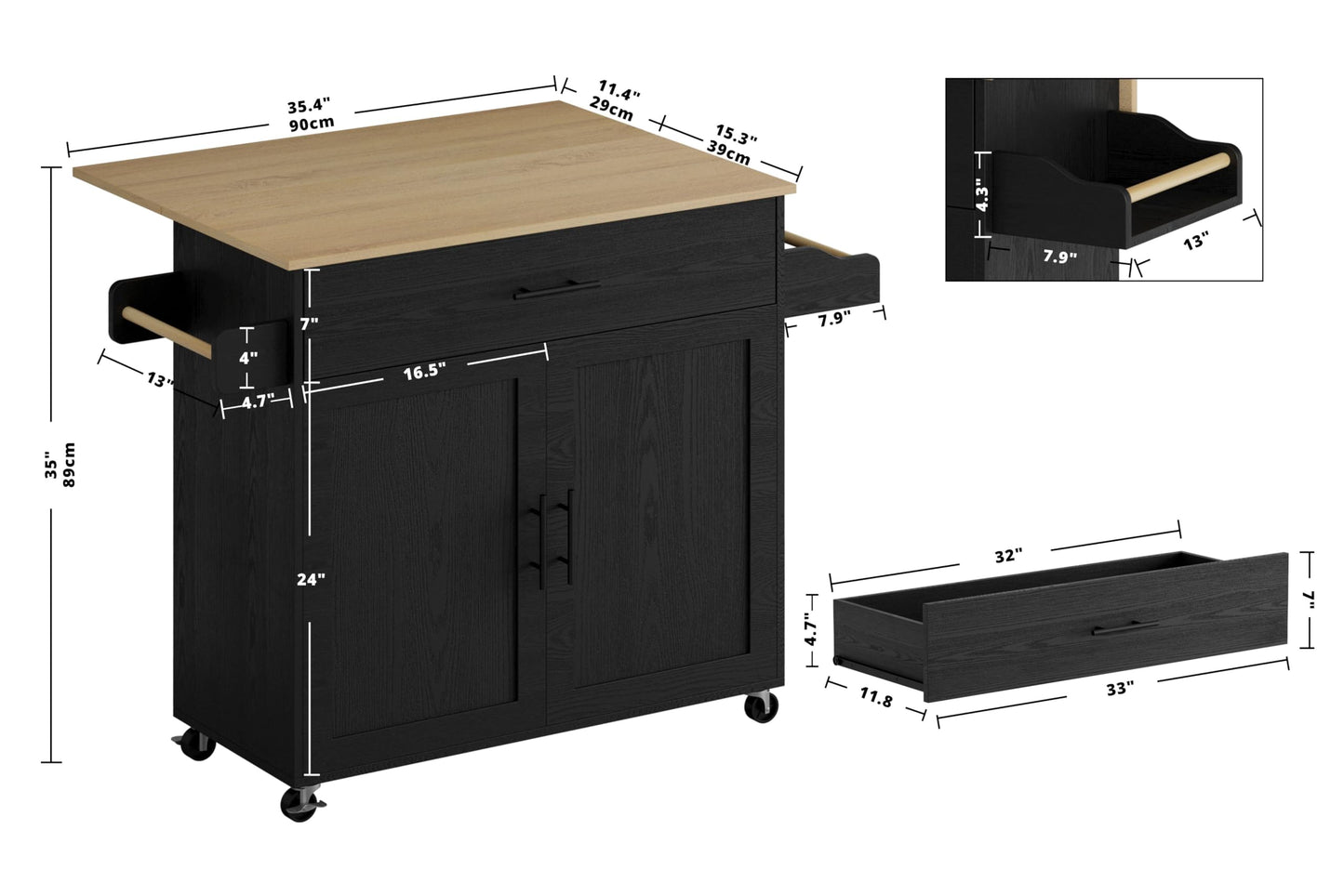 IRONCK Rolling Kitchen Island Table on Wheels with Drop Leaf, Storage Cabinet, Drawer, Spice/Towel Rack, Kitchen Cart, 47.25" Wide Black