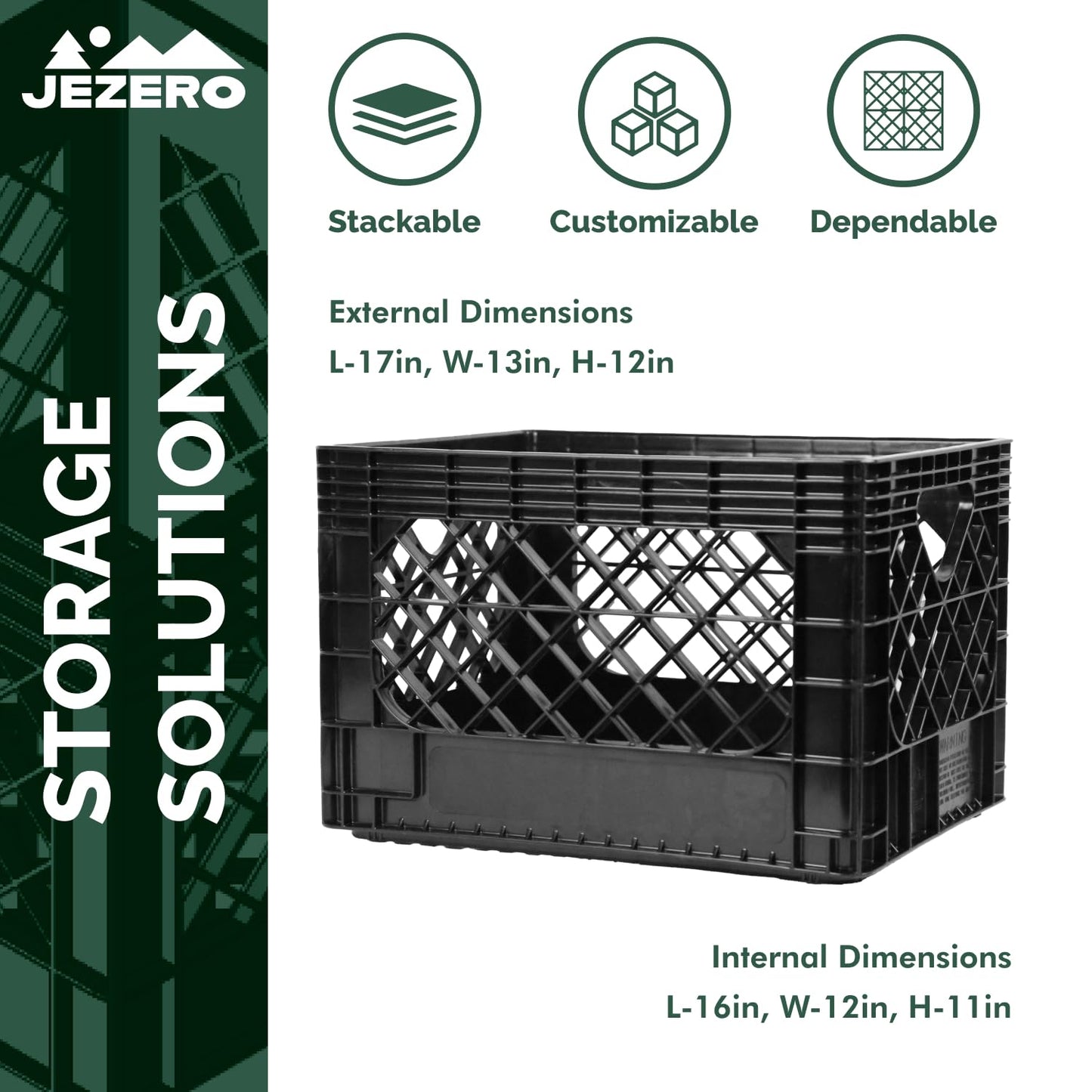 JEZERO 20 Quart 4-Pack Heavy Duty Plastic Crate | Stackable Multi-Purpose Storage Bin for Garage, Home, Office, Groceries, Outdoor, Camping & Kayaking | Black Utility Tote, 17" x 13" x 11"