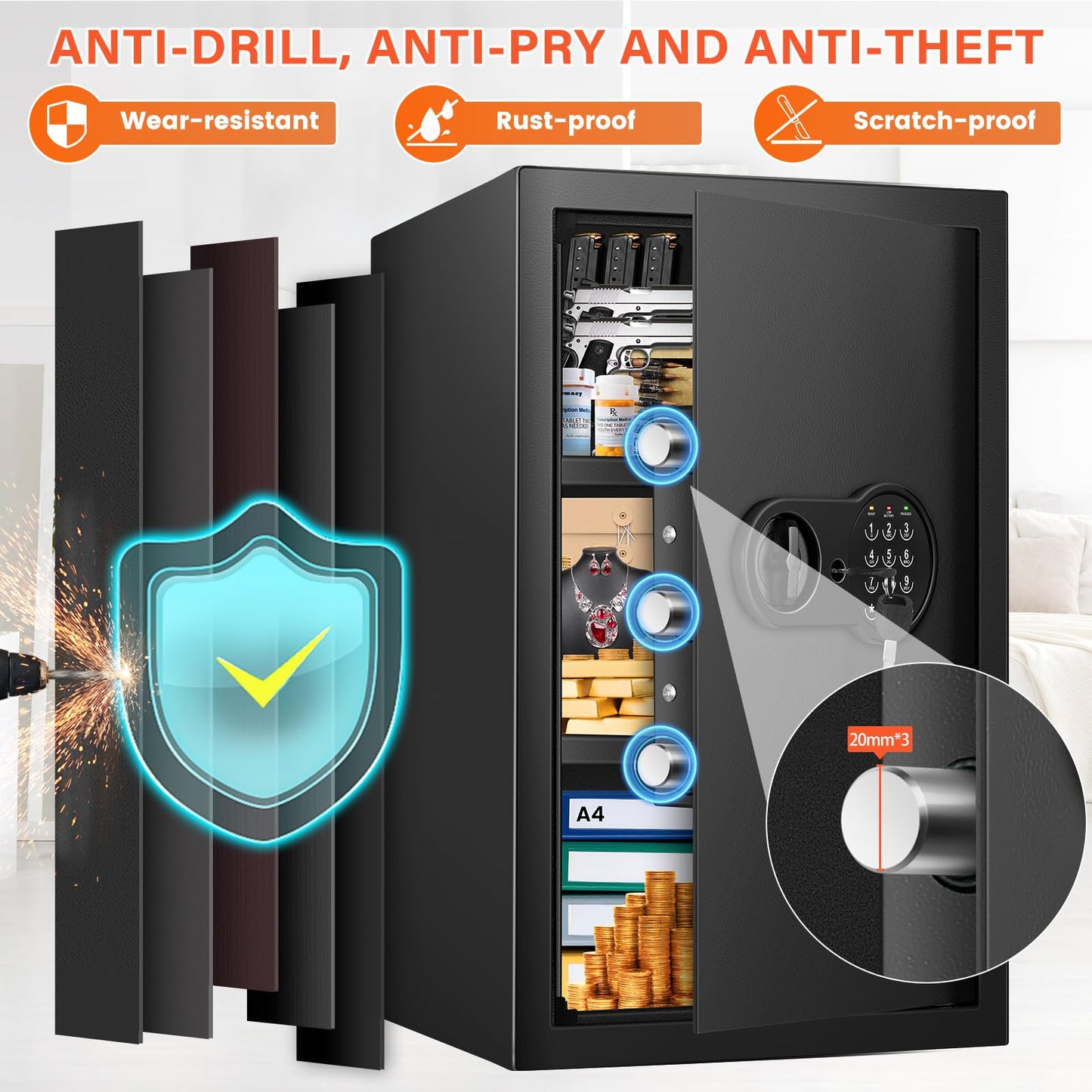 Mitlvge 23.62'' Tall Extra Large Safe Box, 5.0 Cu Ft Home Safes with Fireproof Waterproof Bag, Digital Keypad and 3 Removable Shelf, Security Box with Smart Alert for Money Medicines Jewelry Valuables