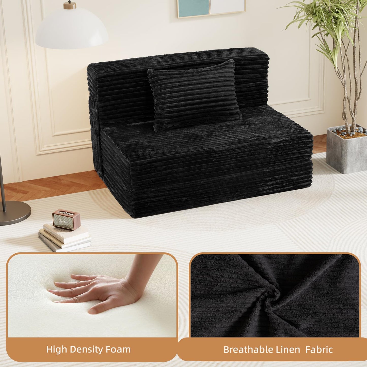 GEMBED Folding Sofa Bed Queen - 4 in 1 Convertible Foldable Sleeper Chair with Pillow, Fold Out Couch, High-Density Foam Floor Mattress, Space-Saving Futon for Living Dorm Guest Room and Office, Black