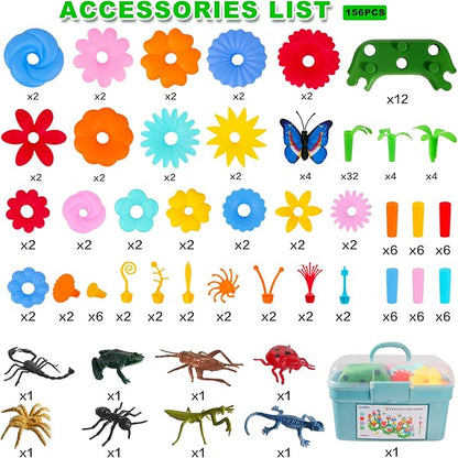 Birthday Toys Gifts for 2 3 4 5 6 Years Old Toddler Girls Boys 156 PCS Insect Flower Garden Building Educational STEM Pretend Play Gardening SetEaster Basket Stuffers Gifts for Preschool Kids Age 2+
