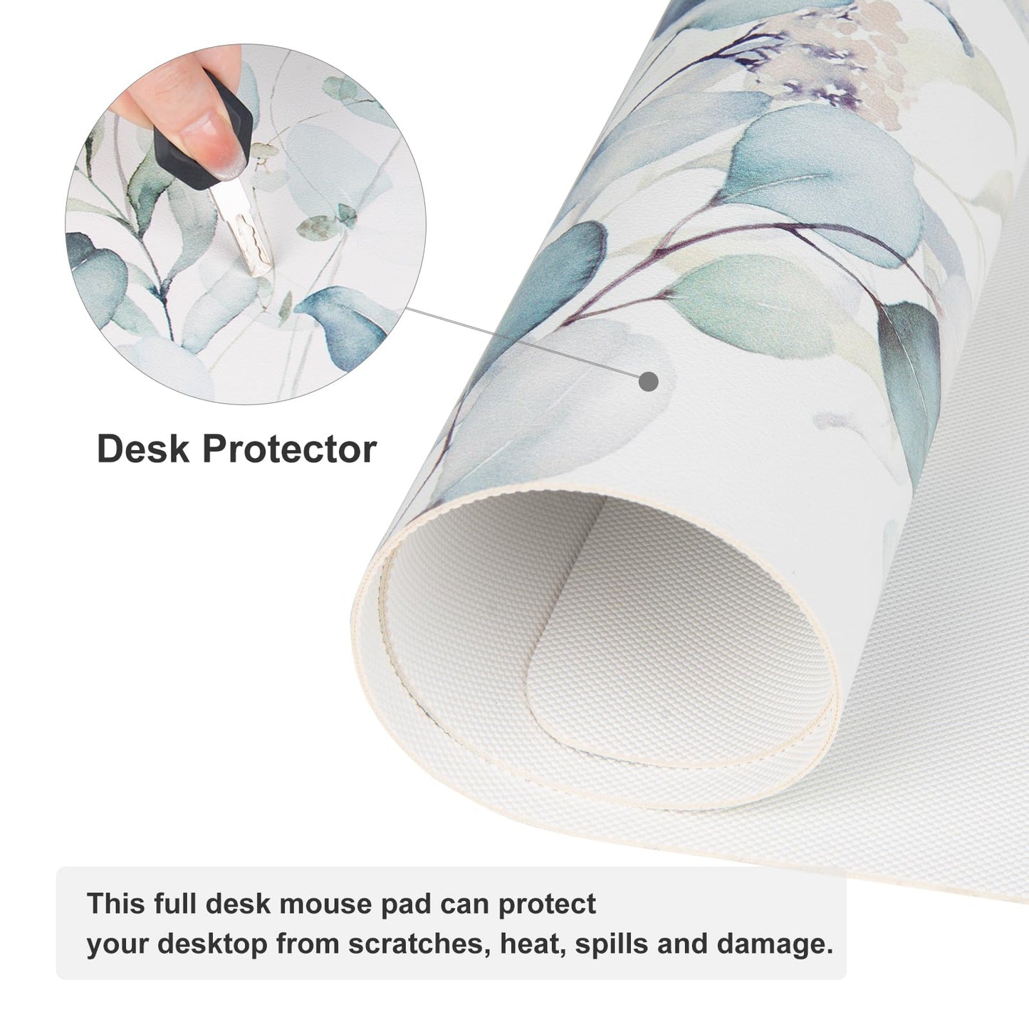 QIYI Large Mouse Pad, Cute Green Leaves Desk Mat for Desktop, Women Girls Office Décor Desk Accessories, PU Leather Waterproof Gaming Mousepad, Eucalyptus Leaf Desk Pad Computer Mat, 31.5" x 15.7"