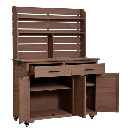 Outdoor Grill Cart with Storage Cabinet, Wood Outdoor Kitchen Island Prep Cart Grill Station for Food Prep and BBQ, Brown