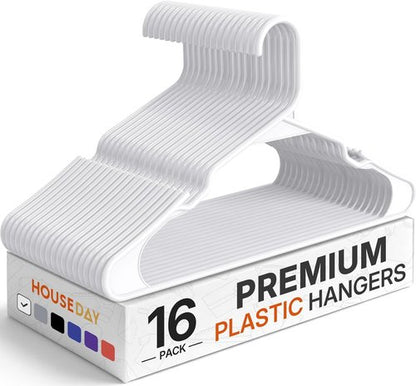 HOUSE DAY Plastic Hangers - 16 Pack White Adult Clothes Hangers | Space-Saving, Non-Slip & Durable Design