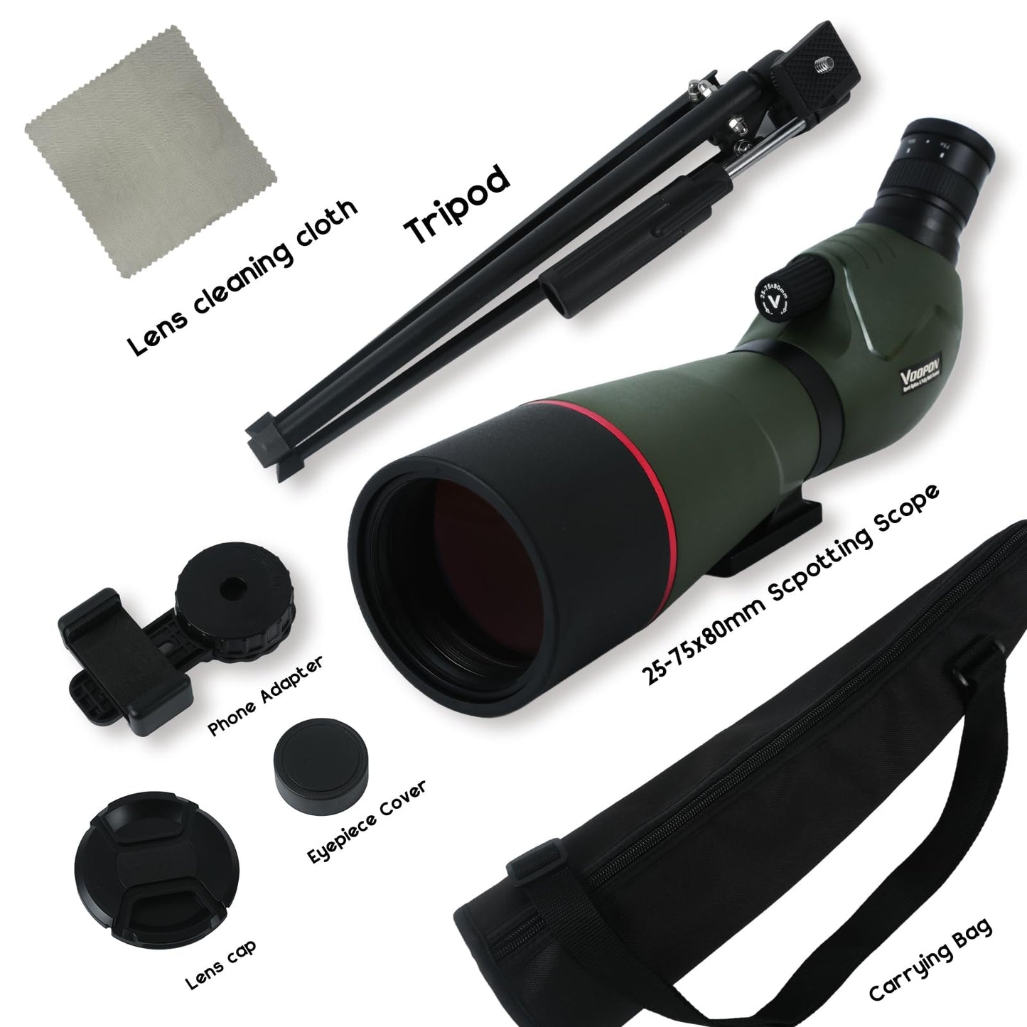 Voopon 25-75x80 Compact Spotting Scope Ultra Bright HD Lens Waterproof Frogproof Nitrogen Filled with Phone Adapter Tripod for Target Shooting, Hunting, Bird Watching, Wildlife Viewing