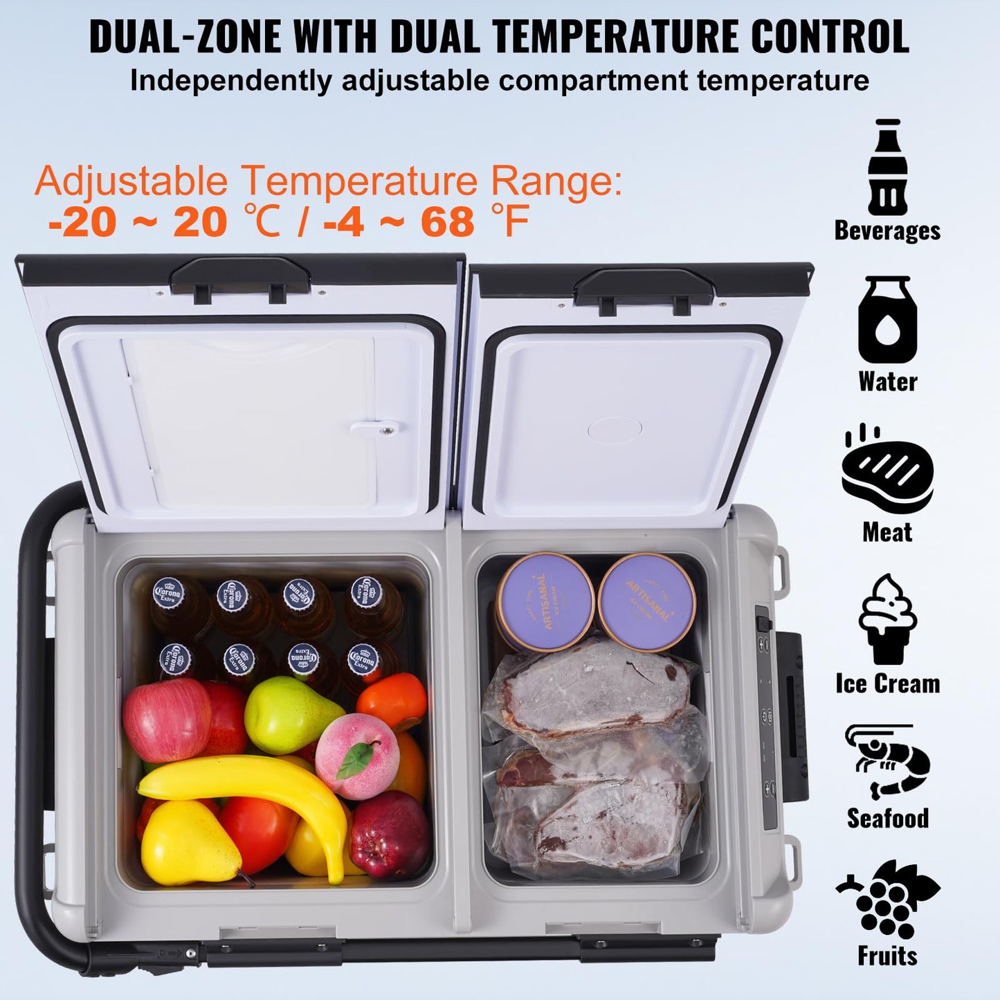 VEVOR Car Refrigerator 50L / 52.8 QT, Dual Zone 12 Volt Compressor Fridge, -4℉ to 68℉ Adjustable, Portable Freezer Cooler for Car, RV, Camping, Home