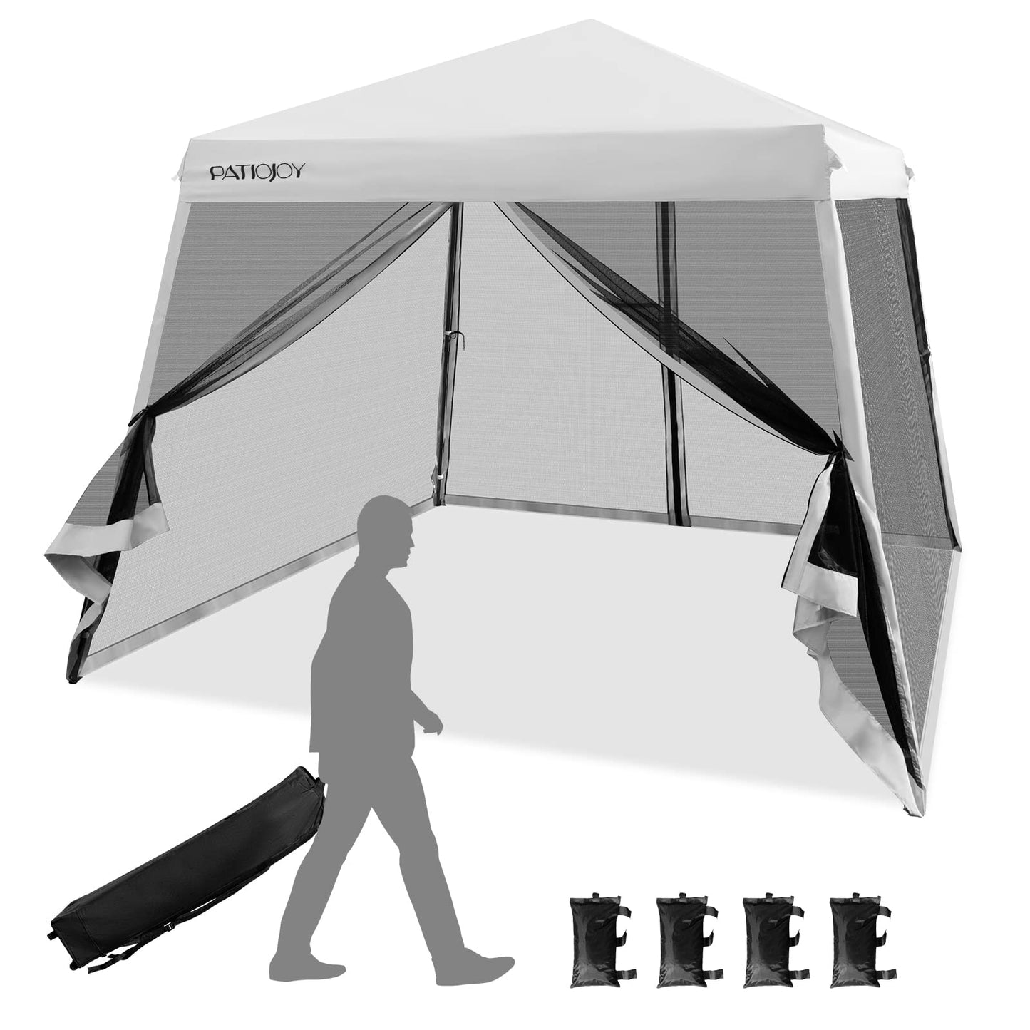 Tangkula 10x10 Ft Pop Up Canopy with Netting, Slanted Leg Outdoor Canopy with Roller Bag, 4 Sand Bags, 8 Stakes, 4 Ropes, Instant Canopy Tent with Easy Set-up Center Lock for Patio (White)