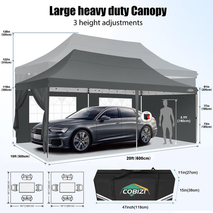 COBIZI 10x20 Pop Up Canopy with 6 Sidewall, Commercial Canopy UPF 50+ Waterproof Outdoor Gazebo with Carry Bag, Tents for Parties with Upgrade Frame, 3 Height Adjustable, Classic Grey