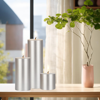 Mega Candles 1 pc Unscented Solid Silver Pillar Candles, Hand Poured Premium Wax Candle 3 Inch x 9 Inch, Home Décor, Spas, Weddings, Occasions, Party, Centerpieces, Holidays, Vigils, Prayers