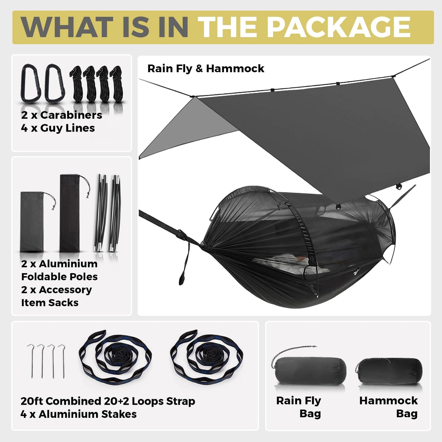 ADVOKAIR Camping Hammock with Mosquito Net and Rain Fly, Up to 500lbs, Ultralight and Portable Nylon Travel Hanging Hammock with Tree Straps, Perfect for Outside, Backpacking, Hiking and Backyard