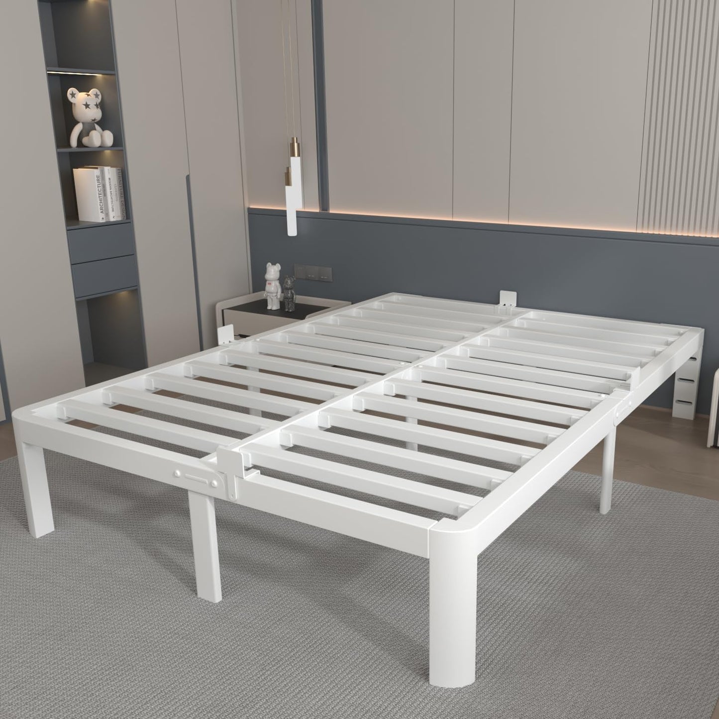 KOSOSO 12 Inch White Full Size Bed Frame with Baffles, Metal Full Bed Frame No Box Spring Need, Heavy Duty Steel Platform Support, Reserved Holes, Round Corner Legs, Storage Space, Noiseless