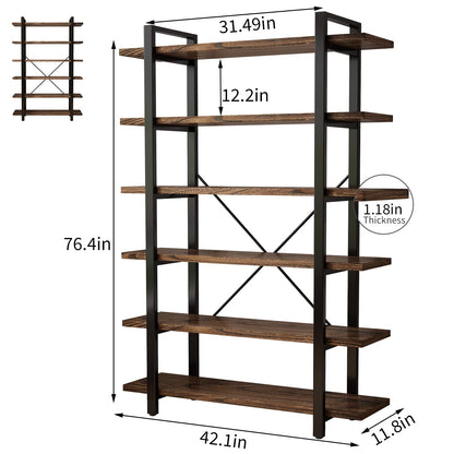 AY-AOYUAN Solid Wood Bookcase and Book Shelves Wood and Metal Shelving Unit 6 Tier Bookshelf Modern Rustic Open Bookshelf Office,Distressed Brown (AY-02-6Tier)