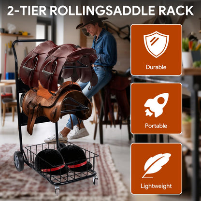 Rolling Saddle Rack Cart with Basket, 220 Lbs, Horse Tack Dolly Saddle Stand for Western & English Saddles, Heavy Duty Saddle Stand for Tack Room, Bridle, Horse Lovers, Cowboy, 32.3*16.9*49.8 inch