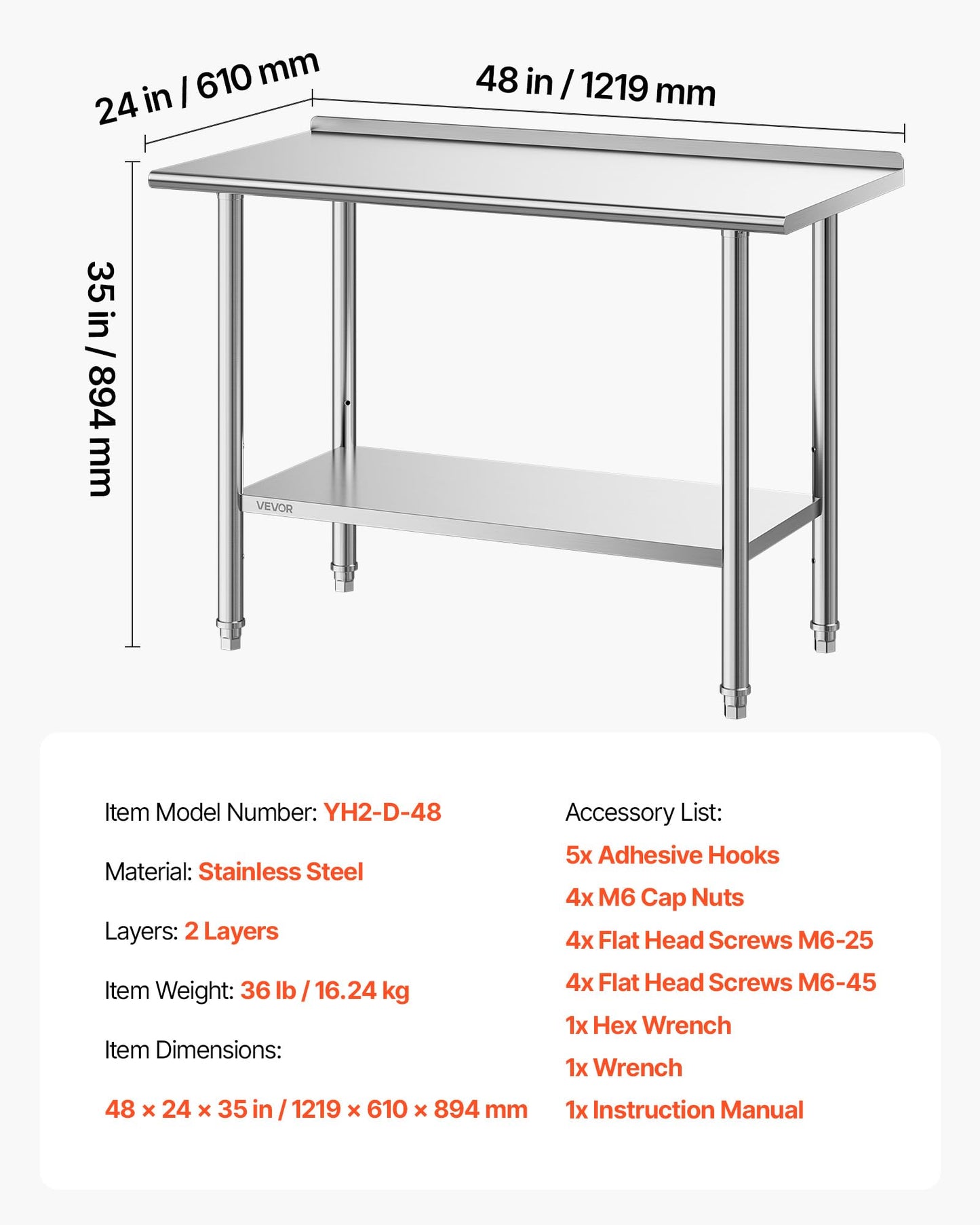 VEVOR Stainless Steel Work Table, 24x48 inch Food Prep Table with Wheels, Commercial Kitchen Workstation with Adjustable Undershelf, Metal Heavy Duty Utility Worktable, for Restaurant Home Outdoor